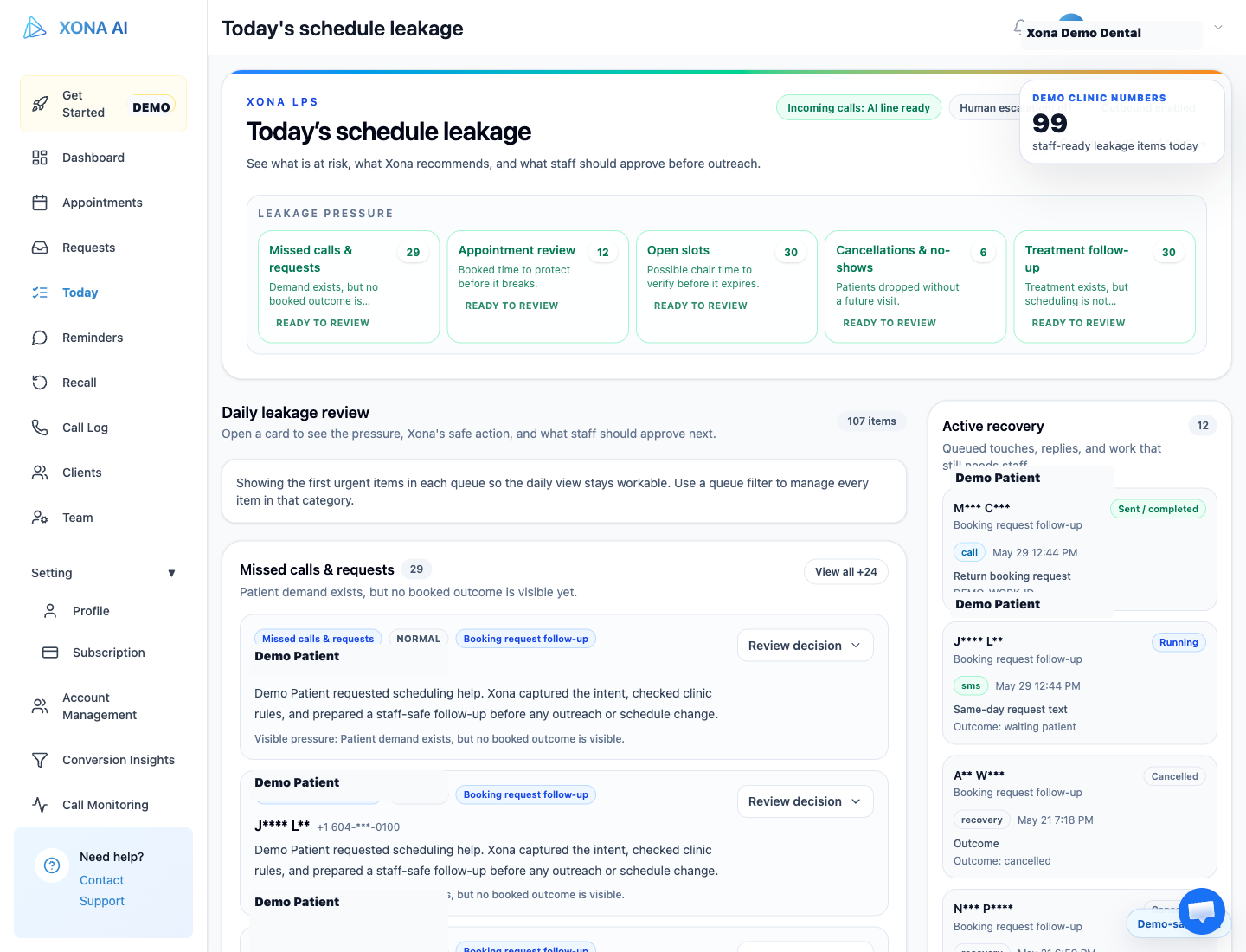 Xona Today queue showing staff-ready leakage work streams, review items, and outreach queue