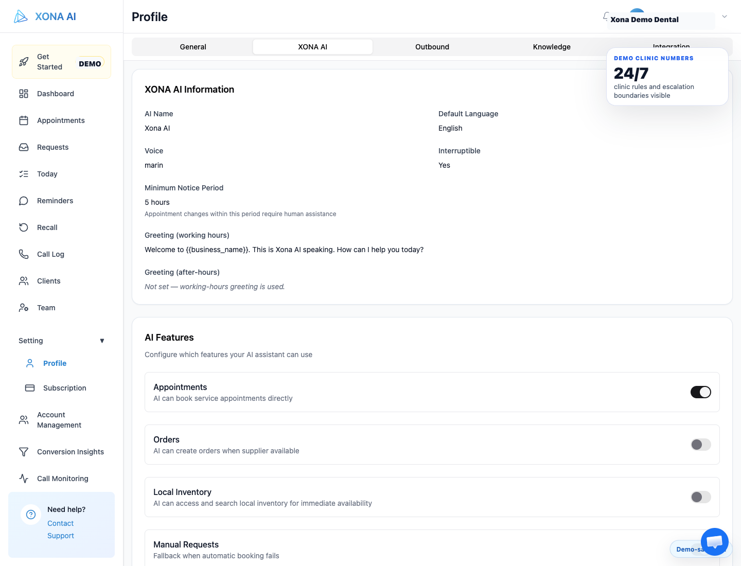 Xona AI settings showing clinic rules and escalation boundaries